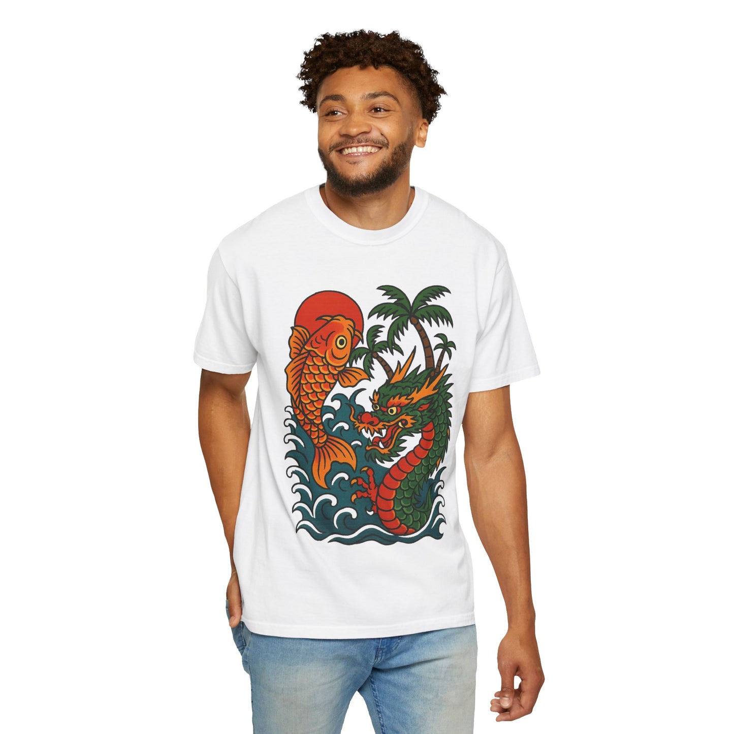 Fierce Dragon and Koi Unisex T-shirt, Vintage Graphic Tee, Beachwear, Unique Gift for Him or Her, Summer Style
