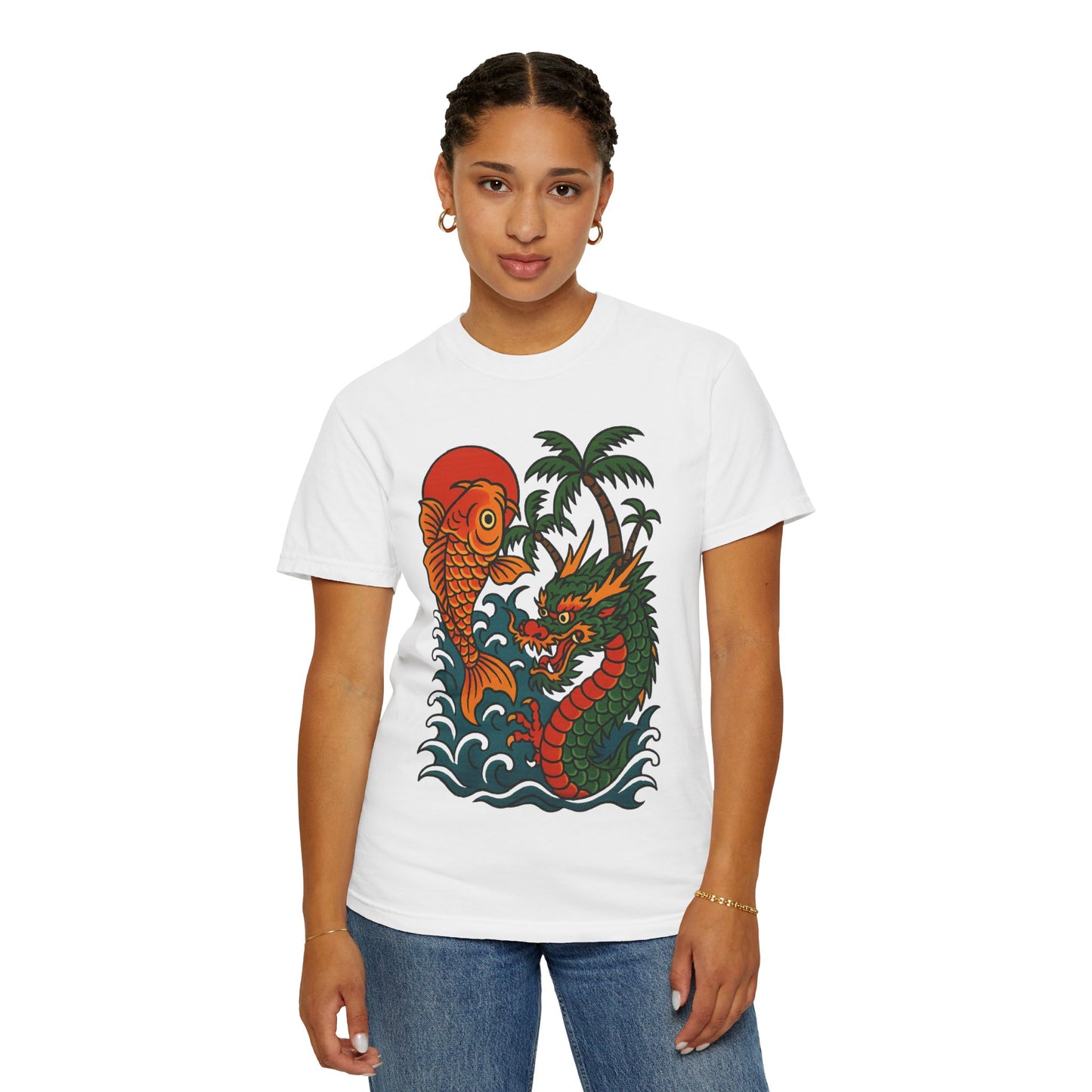 Fierce Dragon and Koi Unisex T-shirt, Vintage Graphic Tee, Beachwear, Unique Gift for Him or Her, Summer Style