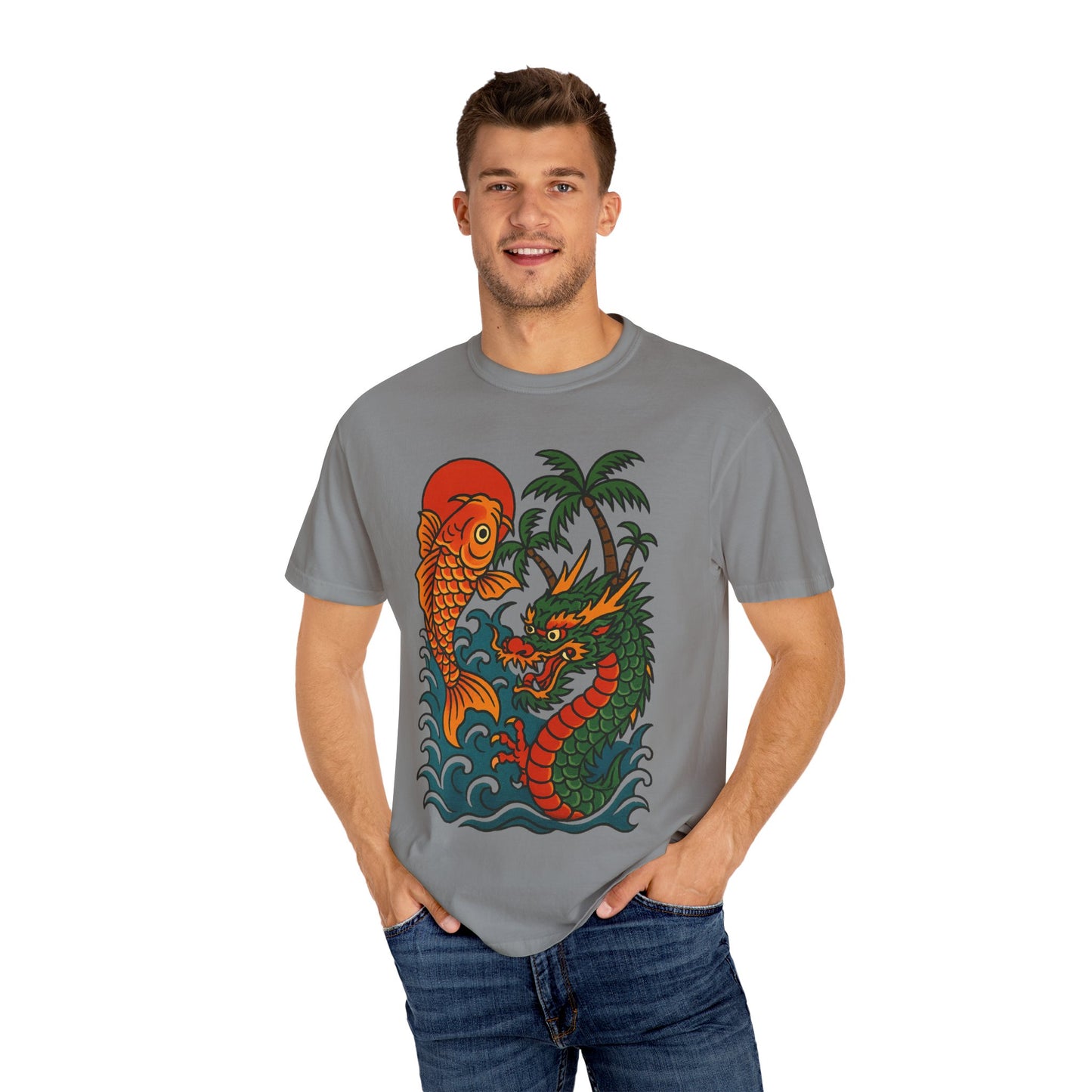 Fierce Dragon and Koi Unisex T-shirt, Vintage Graphic Tee, Beachwear, Unique Gift for Him or Her, Summer Style
