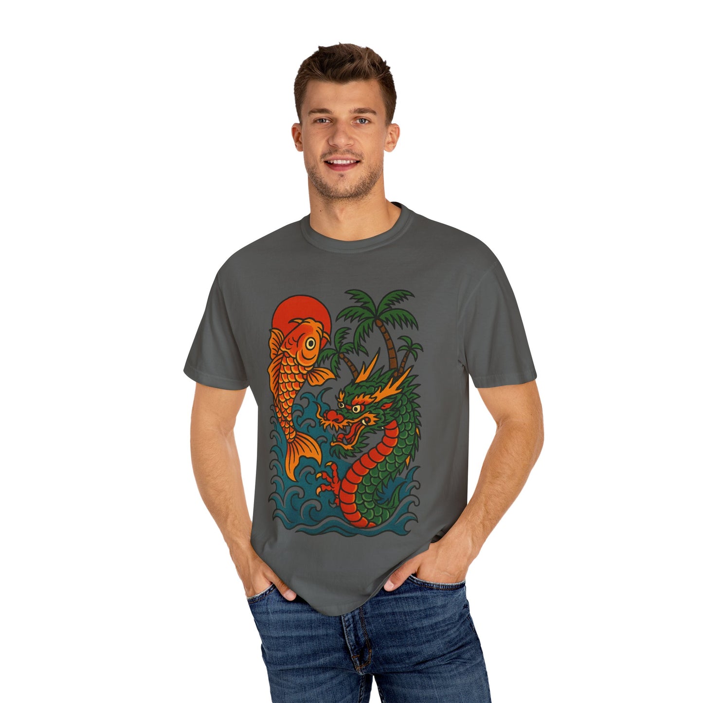 Fierce Dragon and Koi Unisex T-shirt, Vintage Graphic Tee, Beachwear, Unique Gift for Him or Her, Summer Style