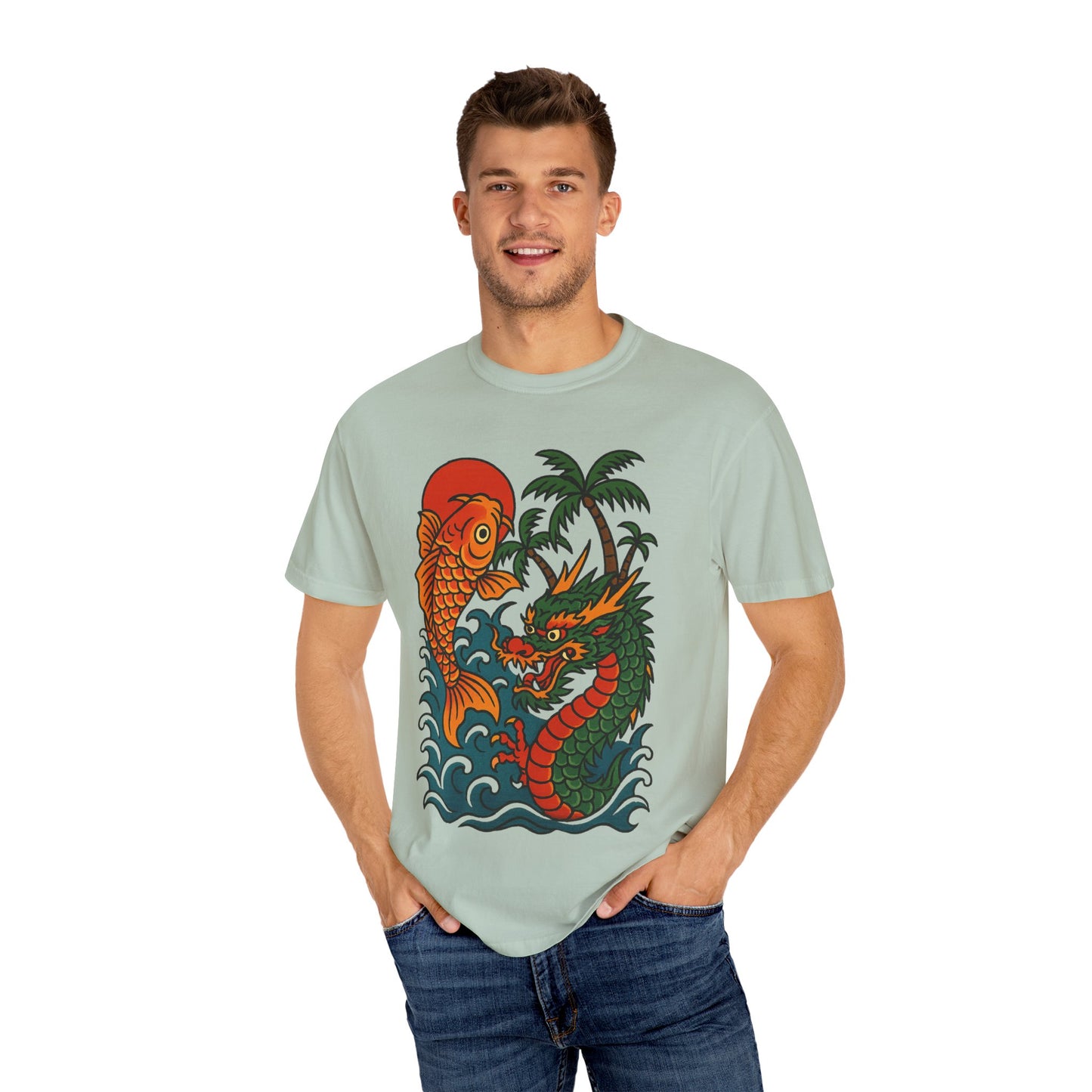 Fierce Dragon and Koi Unisex T-shirt, Vintage Graphic Tee, Beachwear, Unique Gift for Him or Her, Summer Style