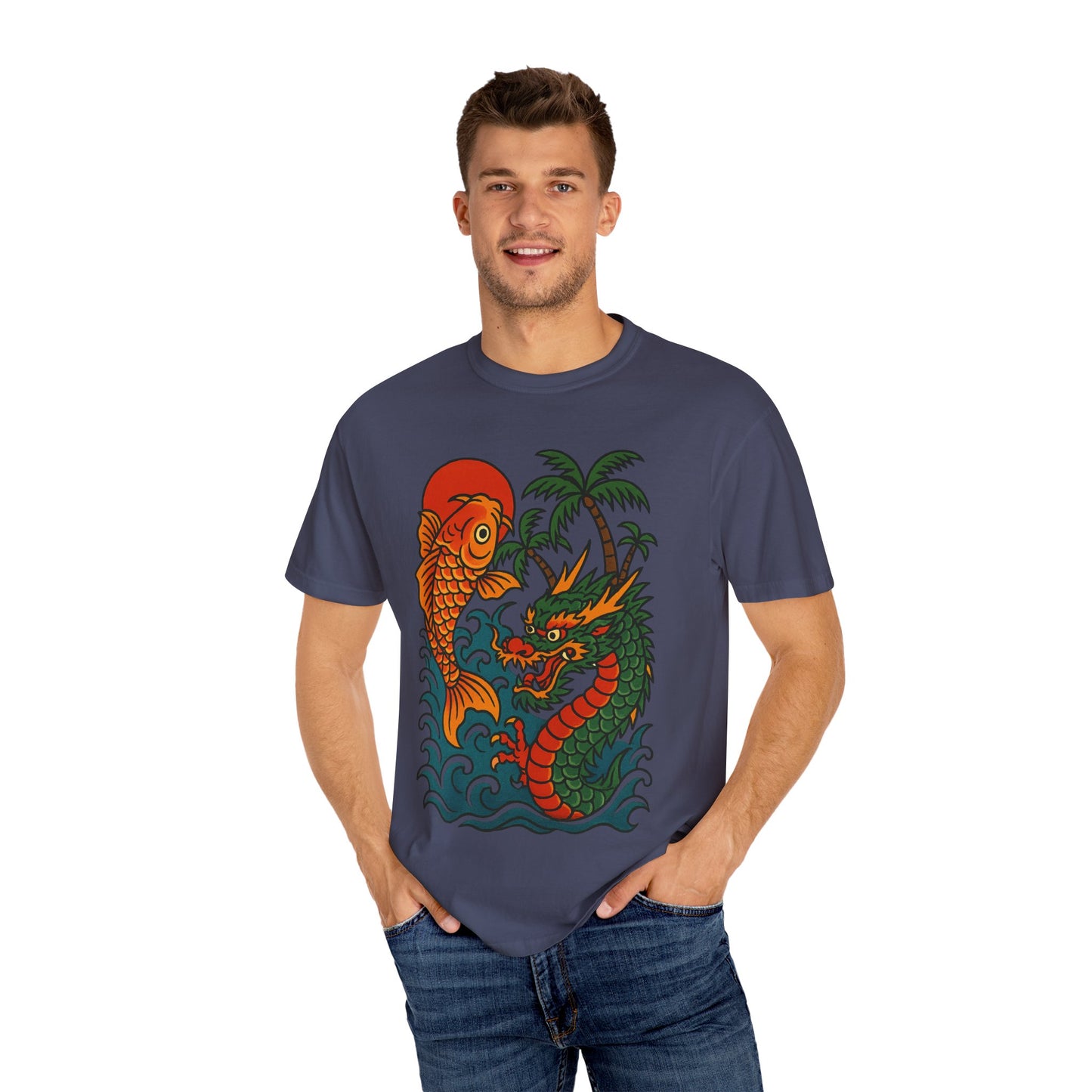 Fierce Dragon and Koi Unisex T-shirt, Vintage Graphic Tee, Beachwear, Unique Gift for Him or Her, Summer Style