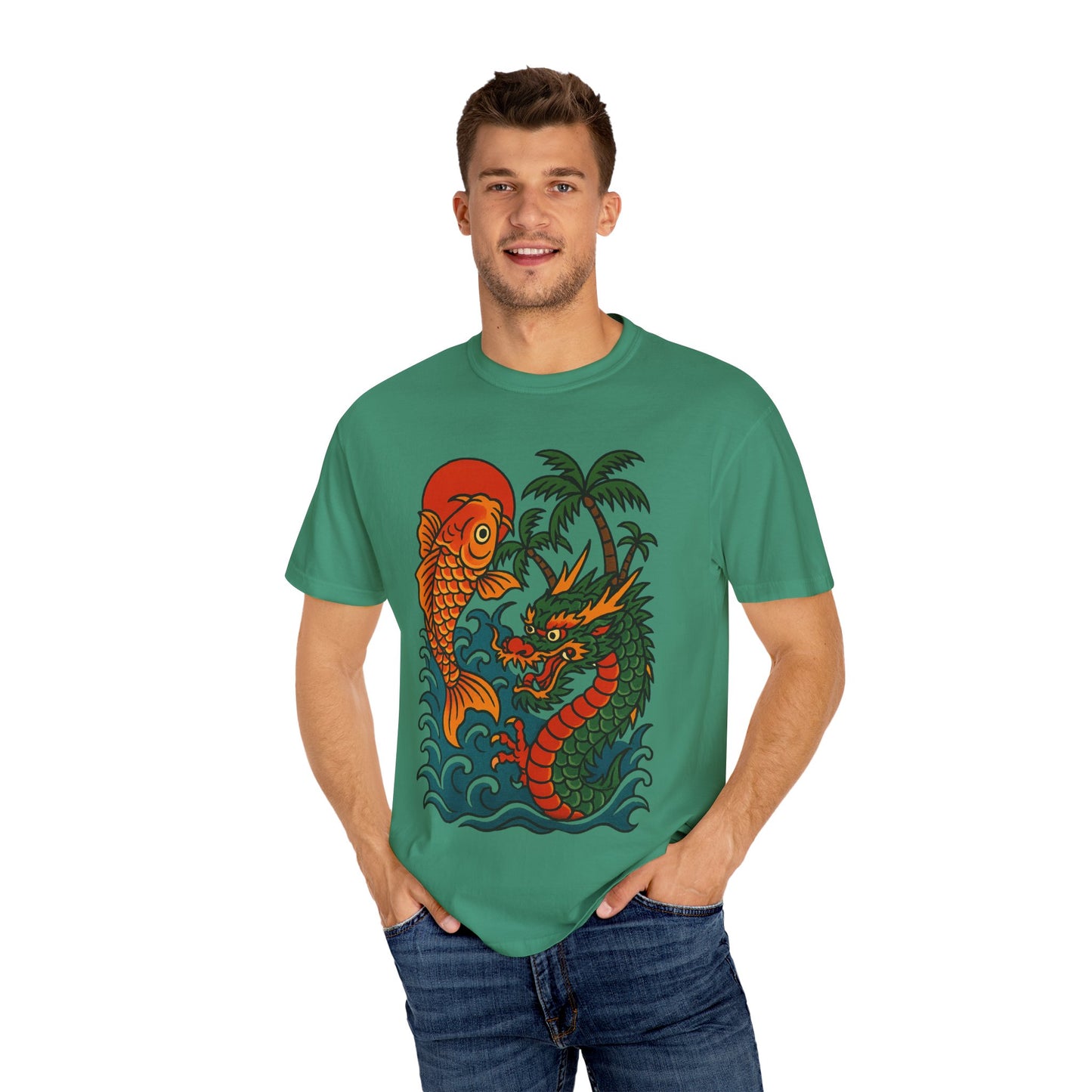 Fierce Dragon and Koi Unisex T-shirt, Vintage Graphic Tee, Beachwear, Unique Gift for Him or Her, Summer Style