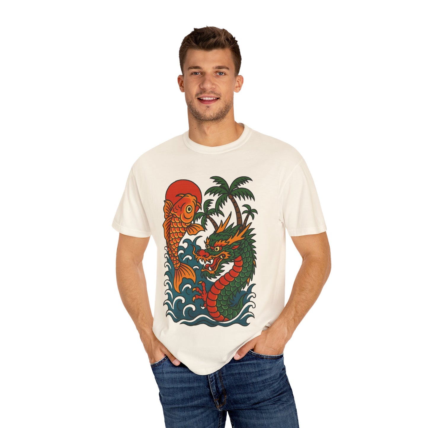 Fierce Dragon and Koi Unisex T-shirt, Vintage Graphic Tee, Beachwear, Unique Gift for Him or Her, Summer Style