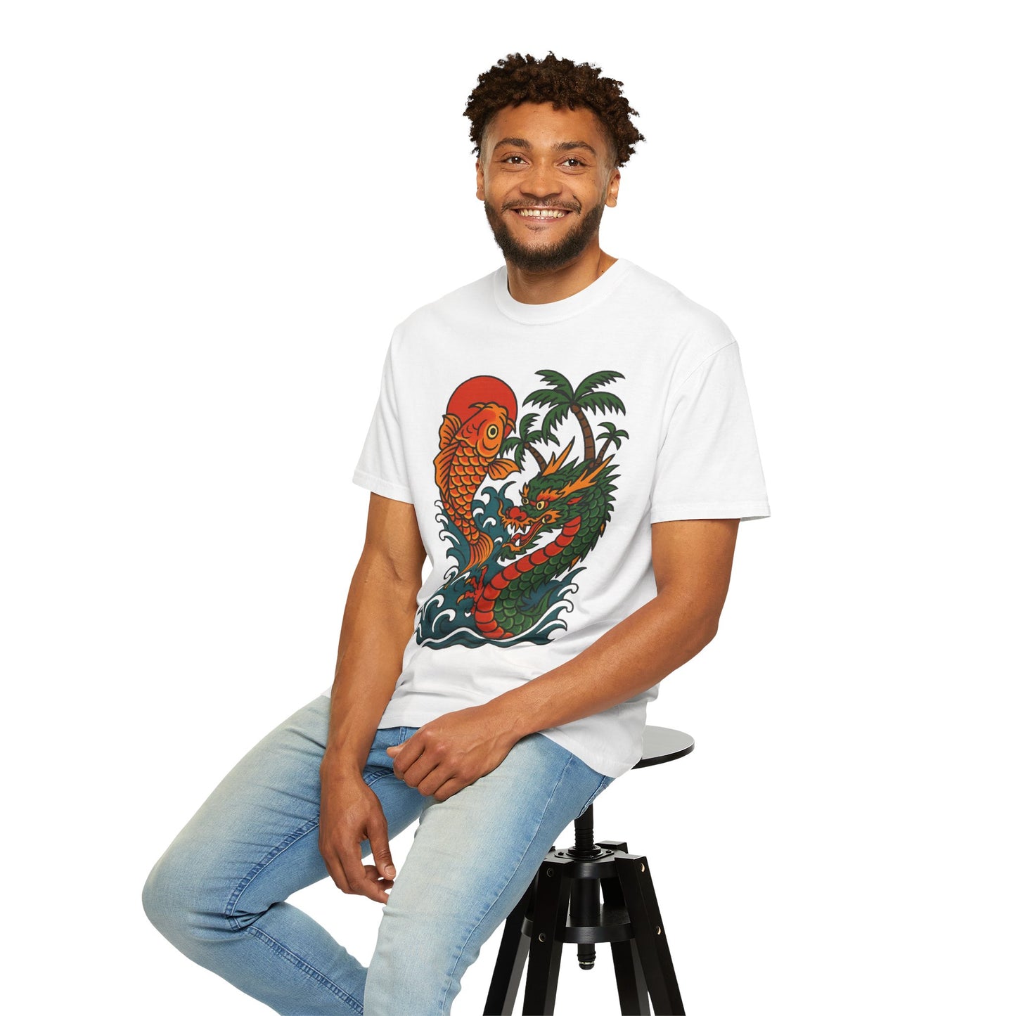 Fierce Dragon and Koi Unisex T-shirt, Vintage Graphic Tee, Beachwear, Unique Gift for Him or Her, Summer Style