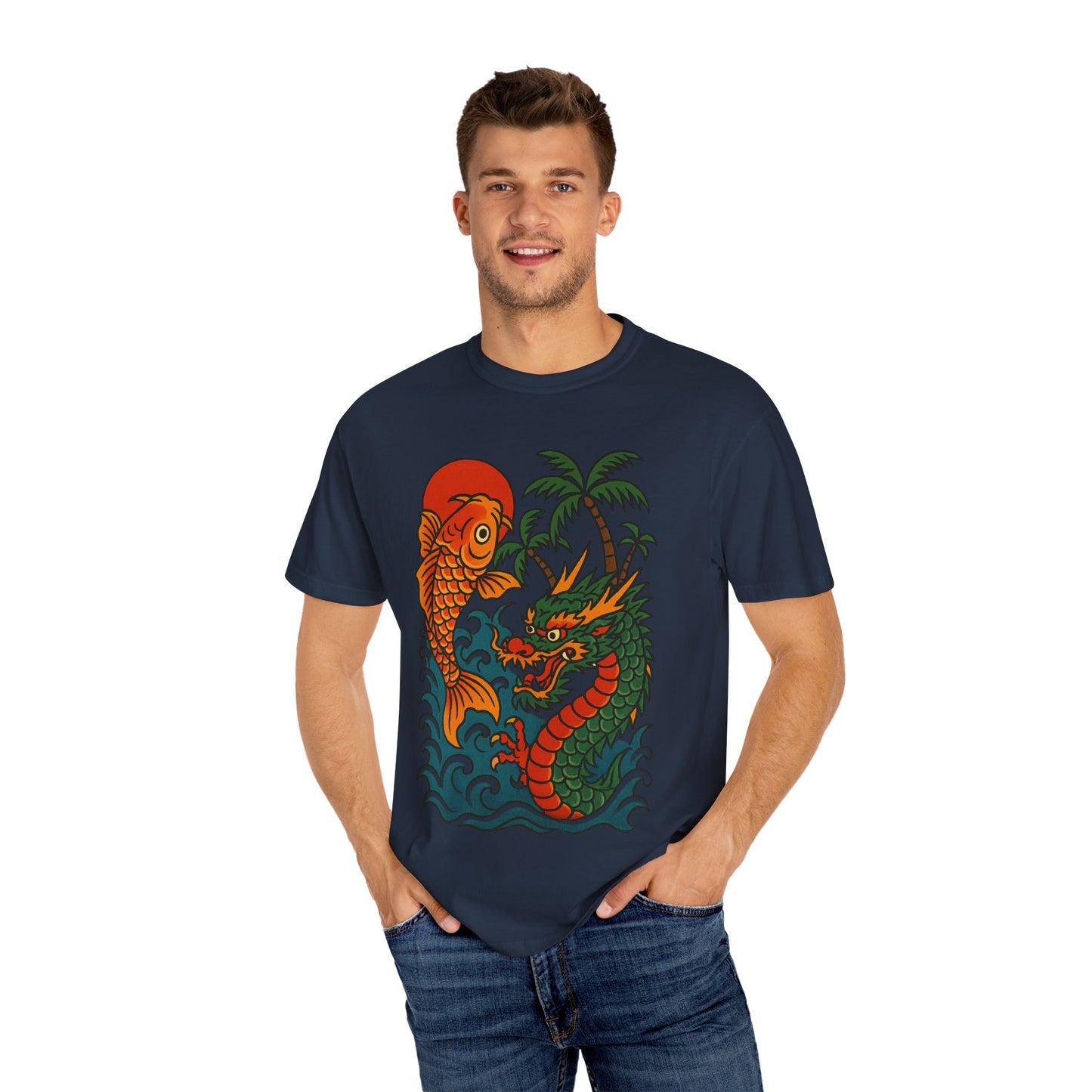 Fierce Dragon and Koi Unisex T-shirt, Vintage Graphic Tee, Beachwear, Unique Gift for Him or Her, Summer Style
