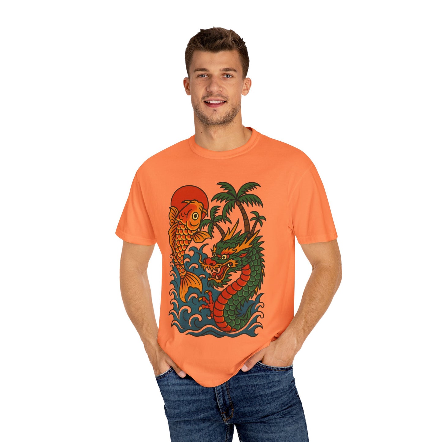 Fierce Dragon and Koi Unisex T-shirt, Vintage Graphic Tee, Beachwear, Unique Gift for Him or Her, Summer Style