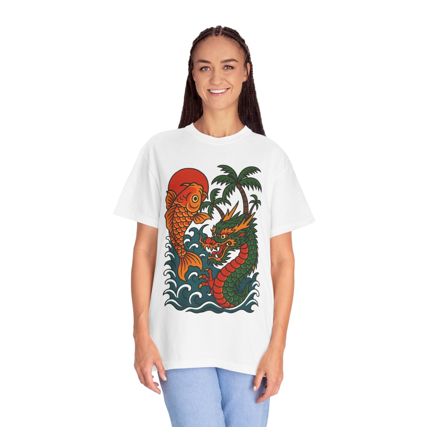 Fierce Dragon and Koi Unisex T-shirt, Vintage Graphic Tee, Beachwear, Unique Gift for Him or Her, Summer Style