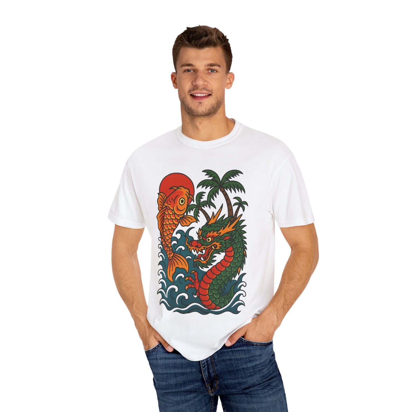 Fierce Dragon and Koi Unisex T-shirt, Vintage Graphic Tee, Beachwear, Unique Gift for Him or Her, Summer Style
