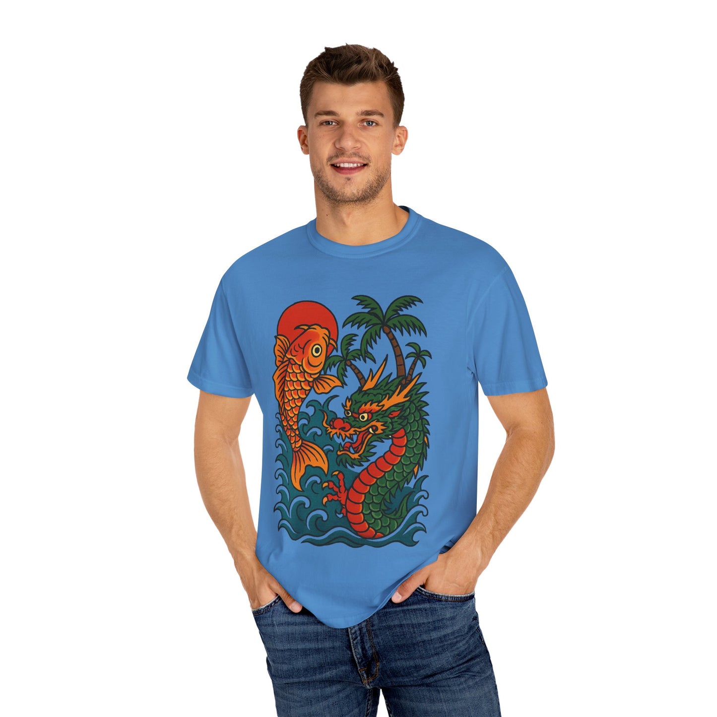 Fierce Dragon and Koi Unisex T-shirt, Vintage Graphic Tee, Beachwear, Unique Gift for Him or Her, Summer Style