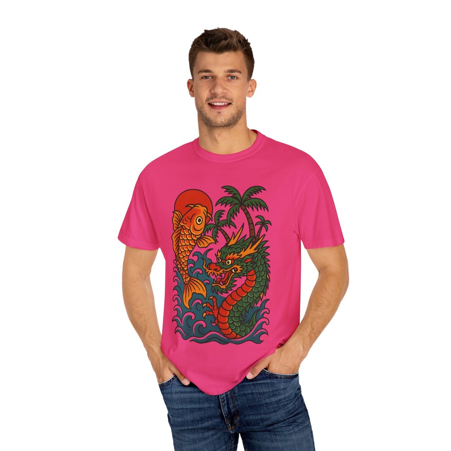 Fierce Dragon and Koi Unisex T-shirt, Vintage Graphic Tee, Beachwear, Unique Gift for Him or Her, Summer Style
