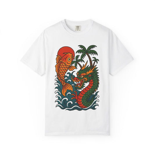 Fierce Dragon and Koi Unisex T-shirt, Vintage Graphic Tee, Beachwear, Unique Gift for Him or Her, Summer Style